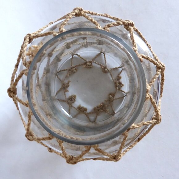 NEW 10.5” NAUTICAL NET ROPE LIDDED GLASS WOOD LIDDED DECORATIVE JAR CONTAINER - Picture 4 of 7